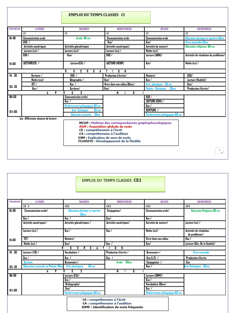 Emploi du temps classes CI, CE1 et CM1 | PDF | Linguistique