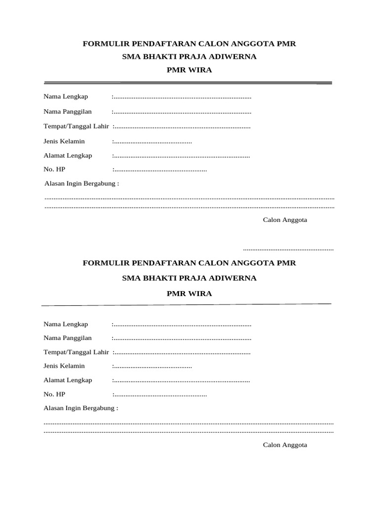 Formulir Pendaftaran PMR SMA Bhakti Praja | PDF