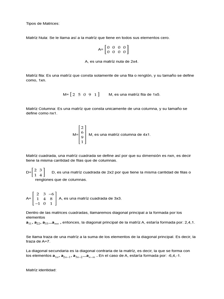 Tipos Matrices | PDF | Matriz (Matemáticas) | Álgebra