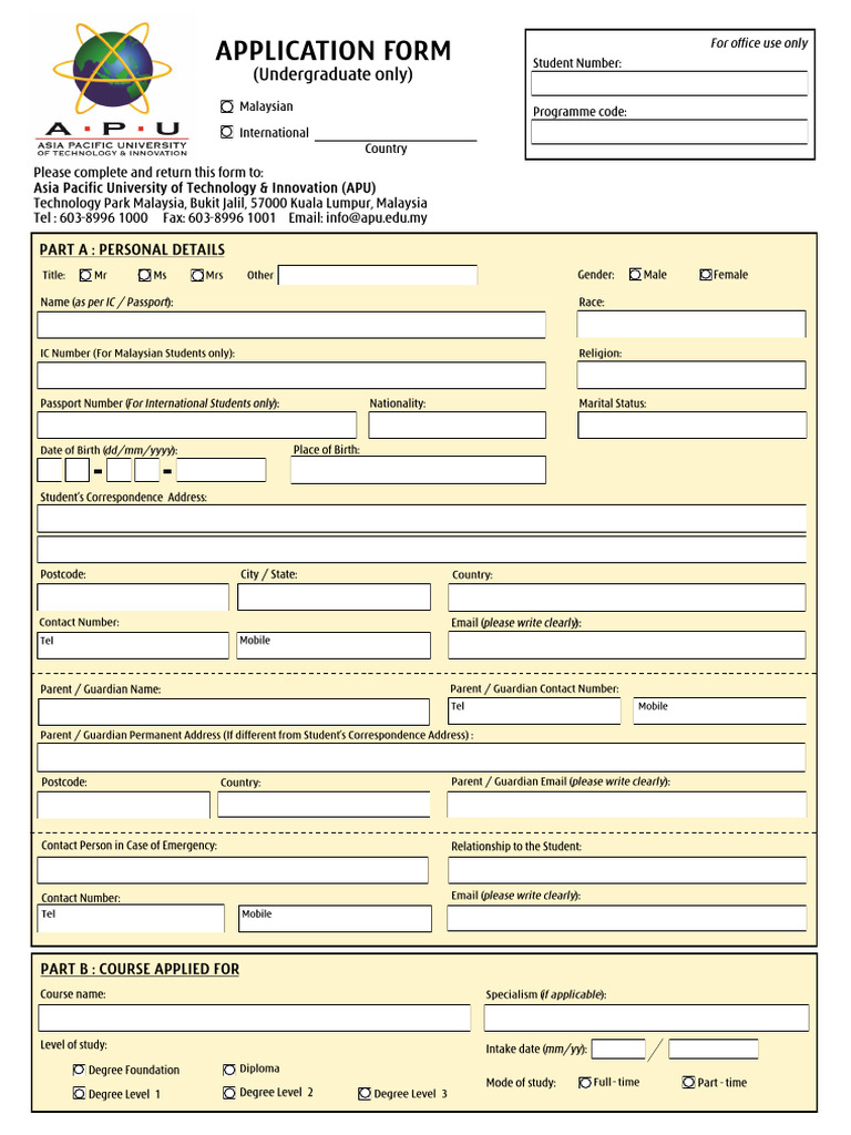 APU Undergraduate Application Form | PDF