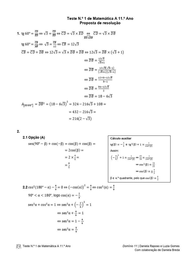 Resolução do Teste de Matemática A 11.º | PDF | Matemática | Conceitos ...