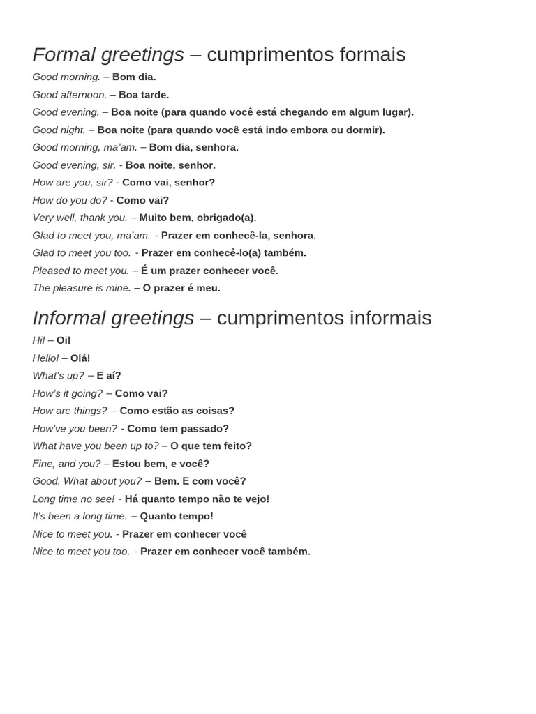 Cumprimentos Formais em Inglês | PDF
