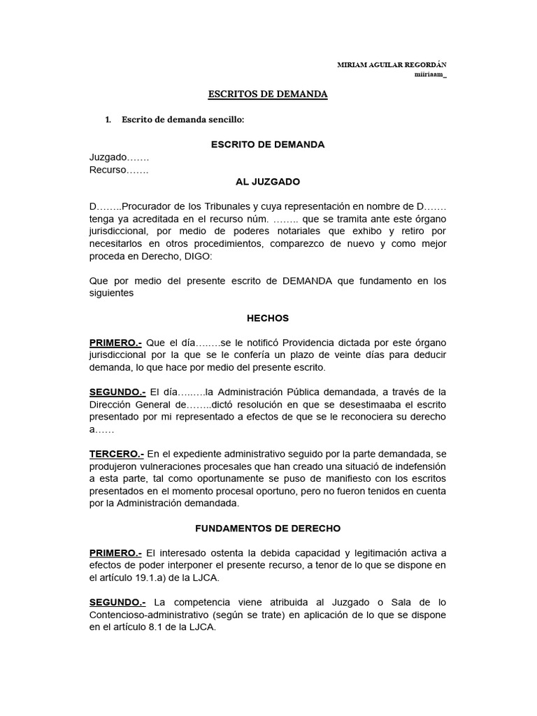 Modelo de Escrito de Demanda Contenciosa | PDF | Demanda judicial ...