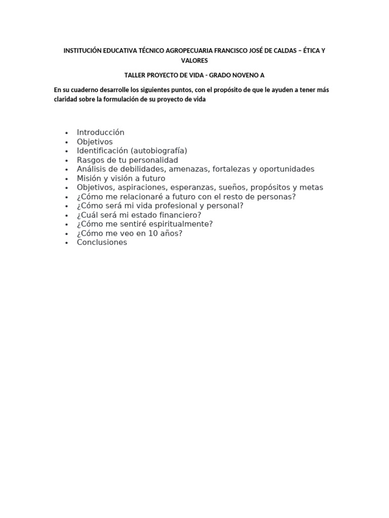 Taller Proyecto de Vida Grado 9º | PDF