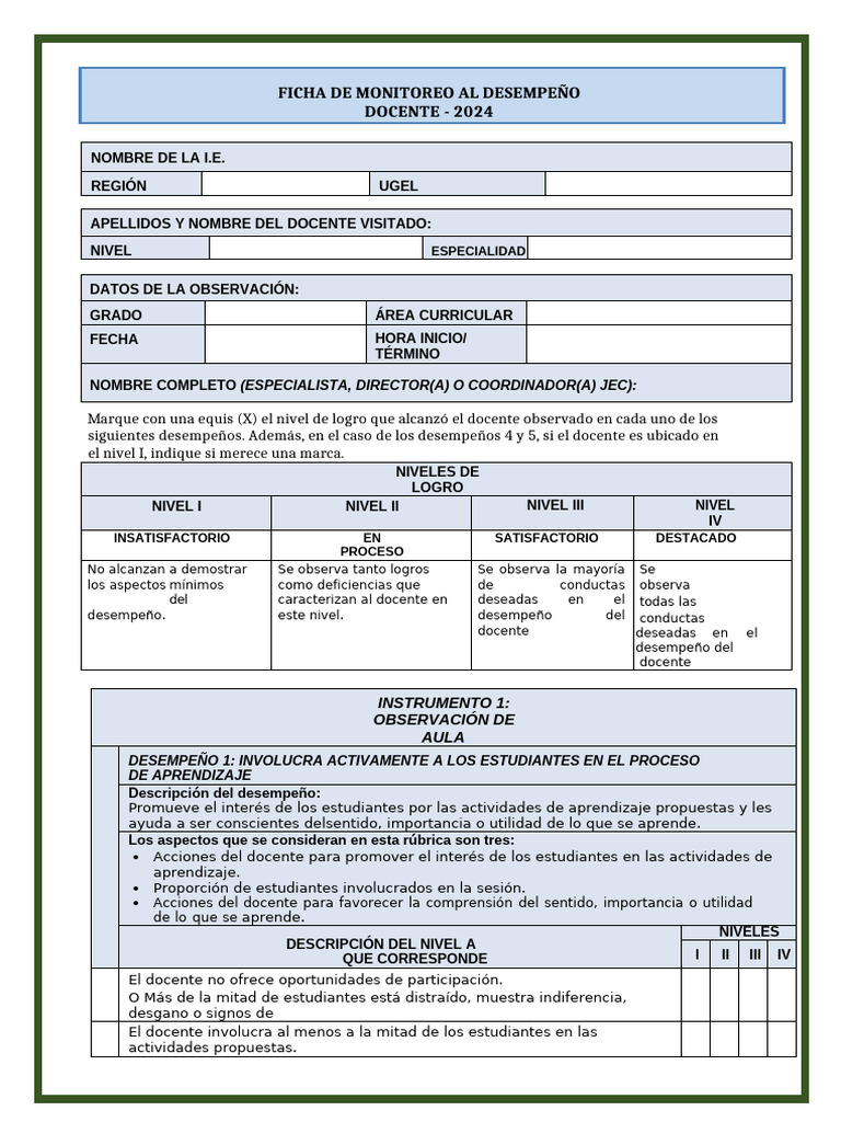Ficha de Monitoreo Docente 2024 | PDF | Evaluación | Aprendizaje