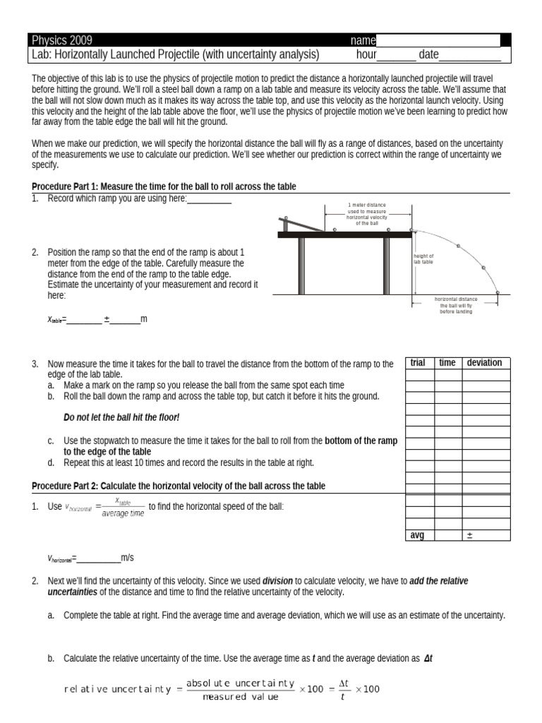 Physics Labs Horizontally Launched Projectile