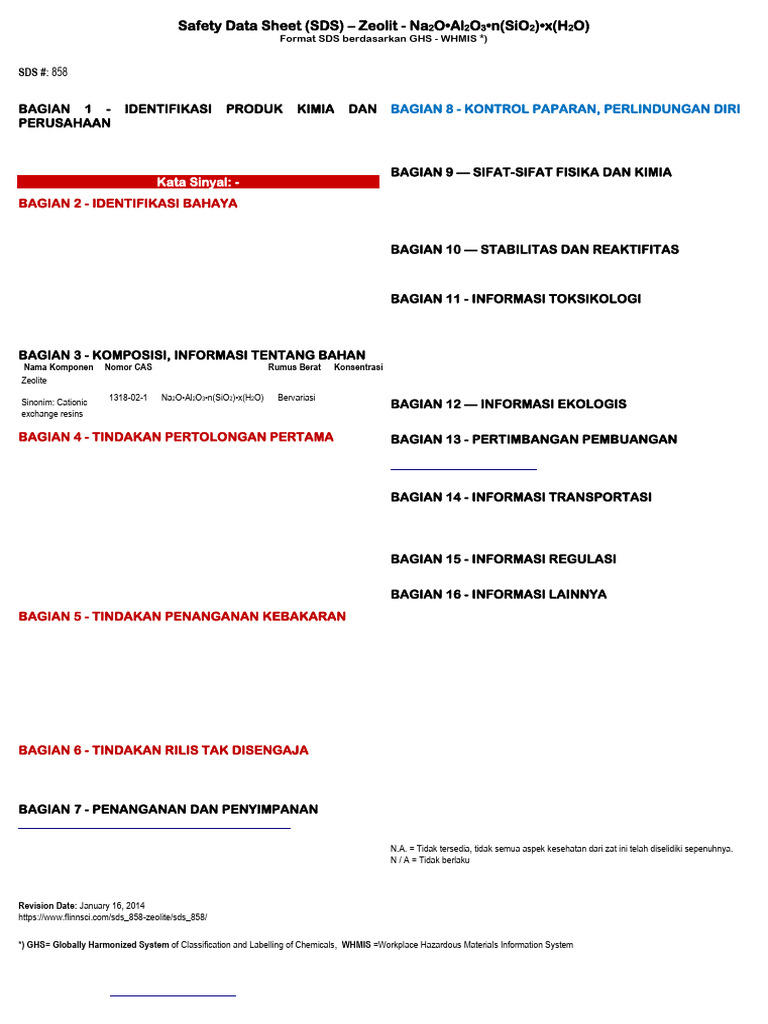 SDS - Zeolit - Na2O - Al2O3 - N (SiO2) - X (H2O) | PDF | Sains & Matematika