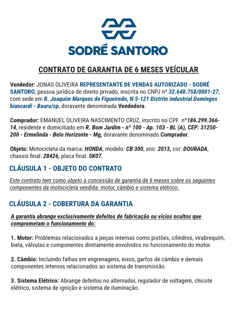Contrato de Garantia Veicular 6 Meses | PDF | Motocicleta | Motores