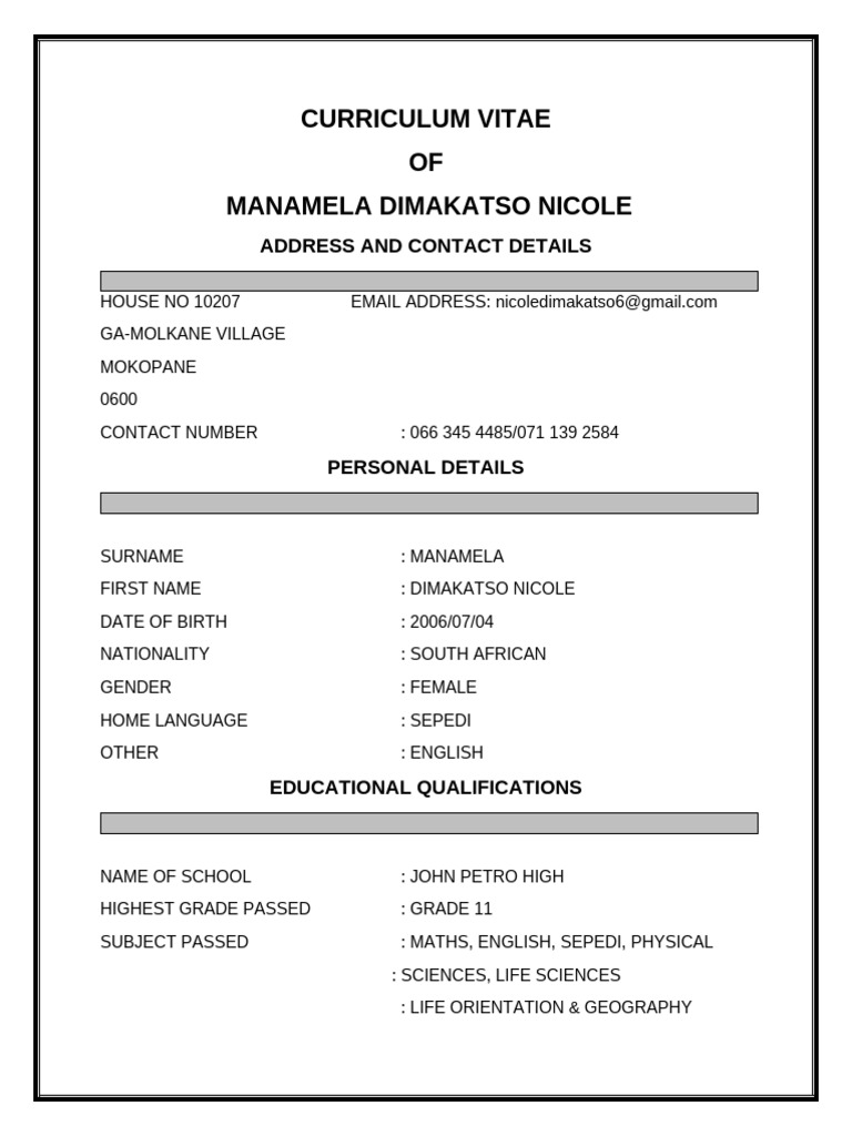 CV of Dimakatso Nicole Manamela | PDF