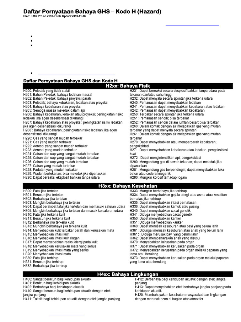 Daftar Kode Bahaya GHS dan H | PDF