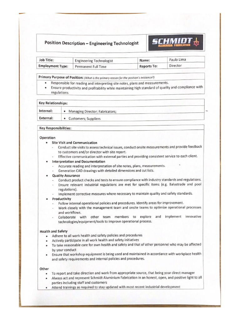 Position Description - Engineering Technologist | PDF