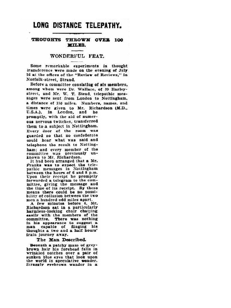 Long Distance Telepathy 1903 The World's News (Sydney) | PDF