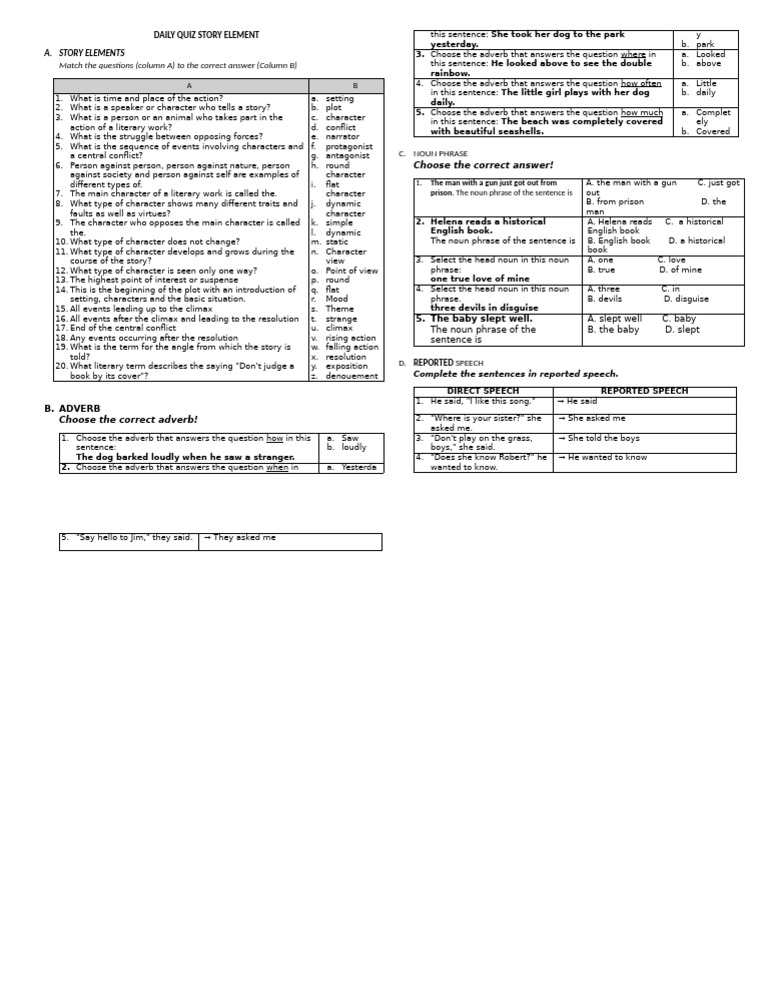 Daily quiz story element pdf adverb grammar