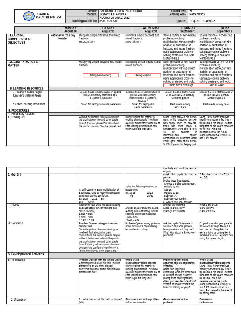 Grade 6 Math Lesson Plan: Fractions | PDF | Mathematics