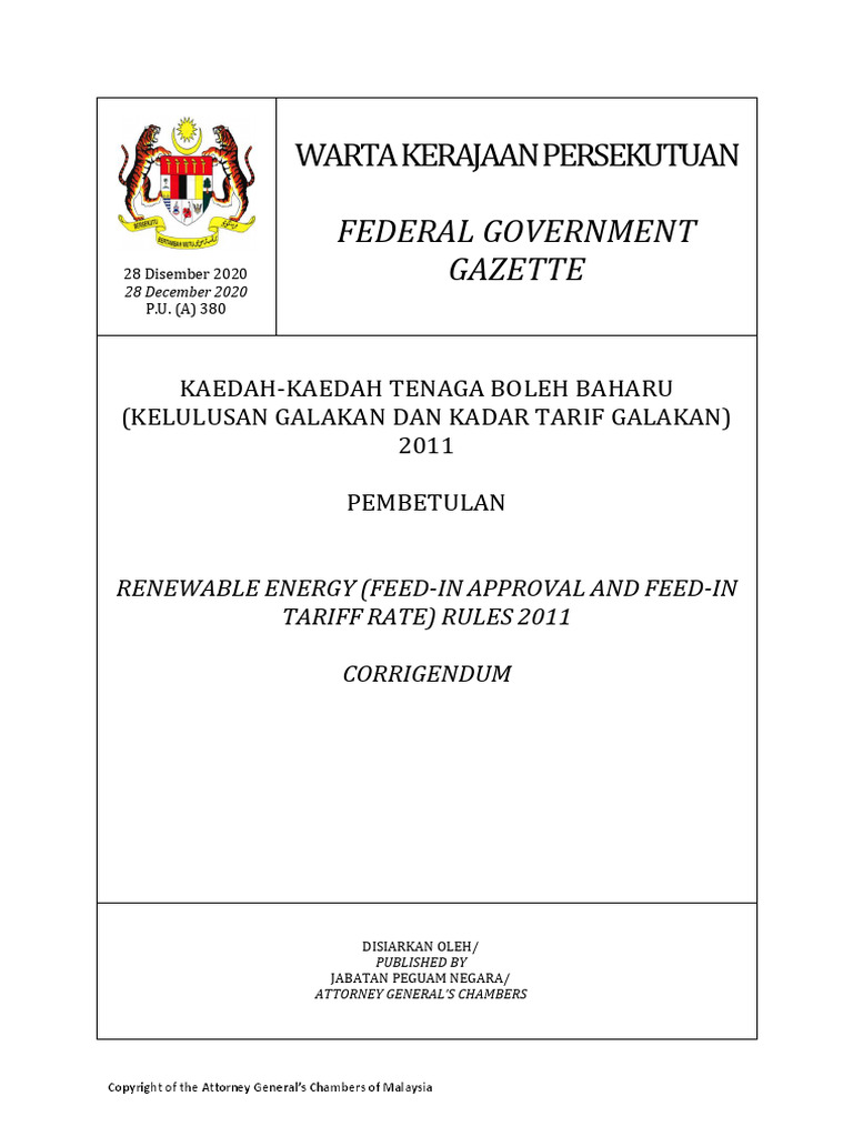 Renewable Energy (Feed-In Approval and Feed-In Tariff Rate) (Amendment ...
