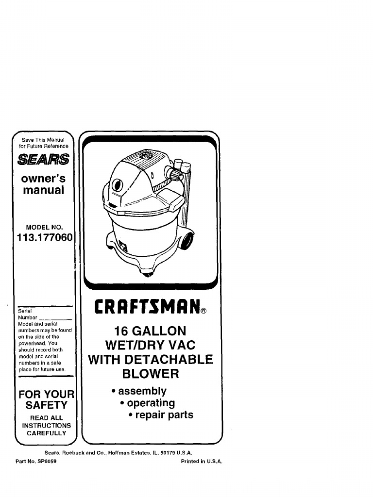 Craftsman 16gal Wet-Dry Vac Owners Manual | PDF | Vacuum Cleaner | Mechanical Fan