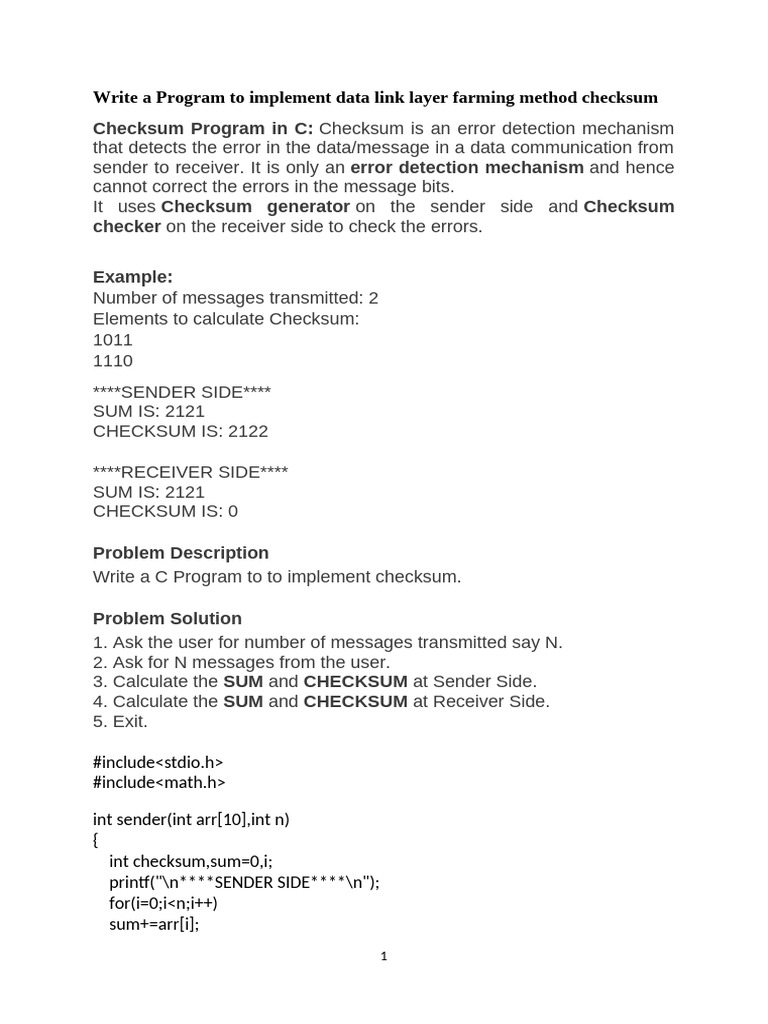 Write A Program To Implement Data Link Layer Farming Method Checksum ...