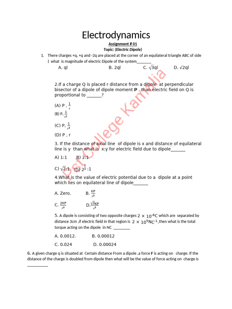 Electric Dipole Concepts and Problems | PDF | Dipole | Force
