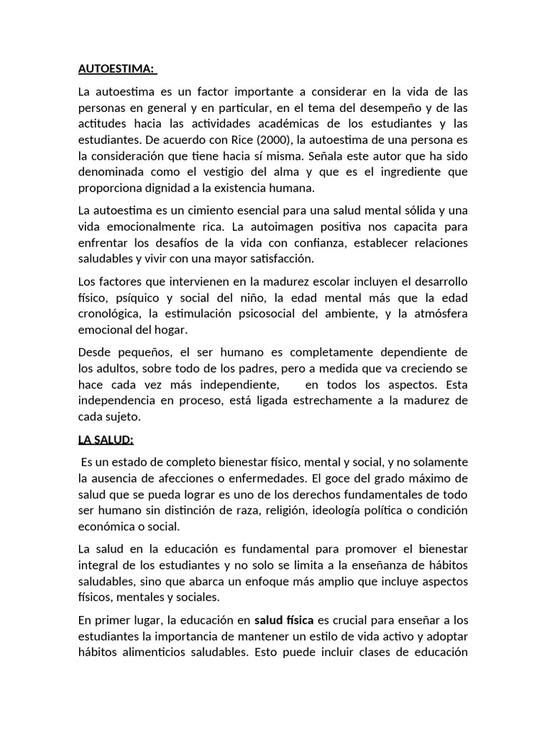 Importancia de la Autoestima y Salud Escolar | PDF | Autoestima | Adultos
