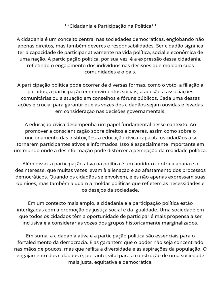 Cidadania e Participação Política Ativa | PDF