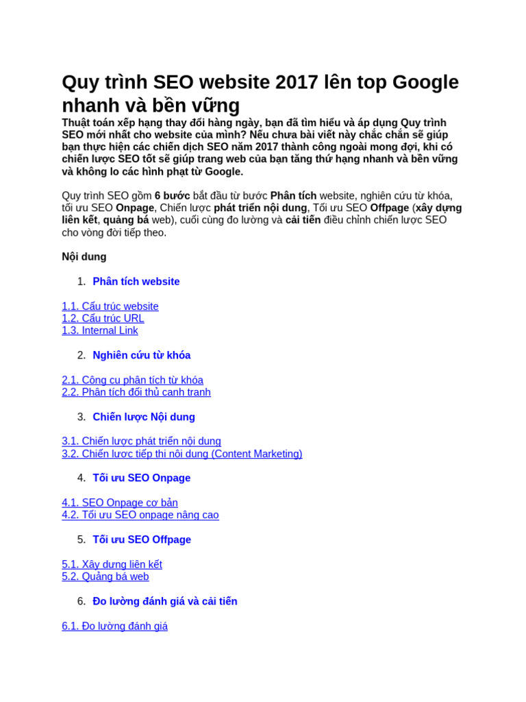 1. Quy Trình SEO Website 2017 Lên Top Google Nhanh Và Bền Vững | PDF