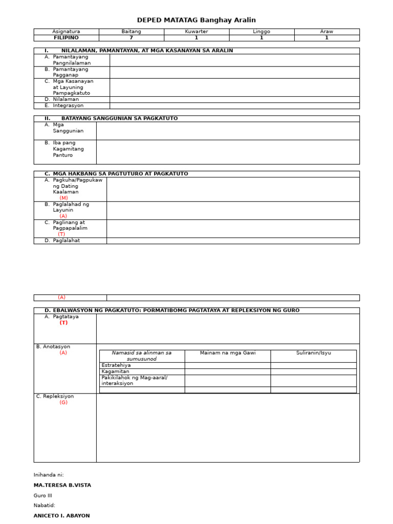 DepEd Matatag BANGHAY ARALIN FILIPINO TEMPLATE BAITANG 7 | PDF