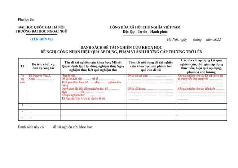 Phu Luc 2B Mau Ke Khai de Tai NCKH | PDF