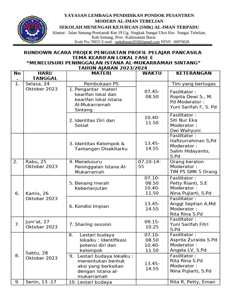 RUNDOWN ACARA P5 Fase E Plan B | PDF