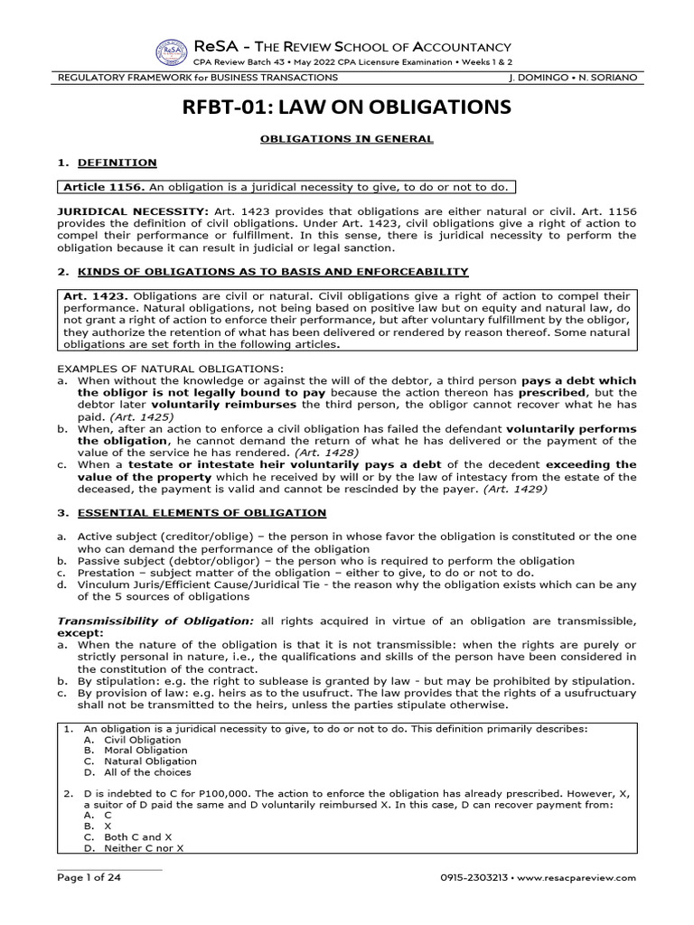 RFBT: Law on Obligations Overview | PDF | Intestacy | Legal Liability