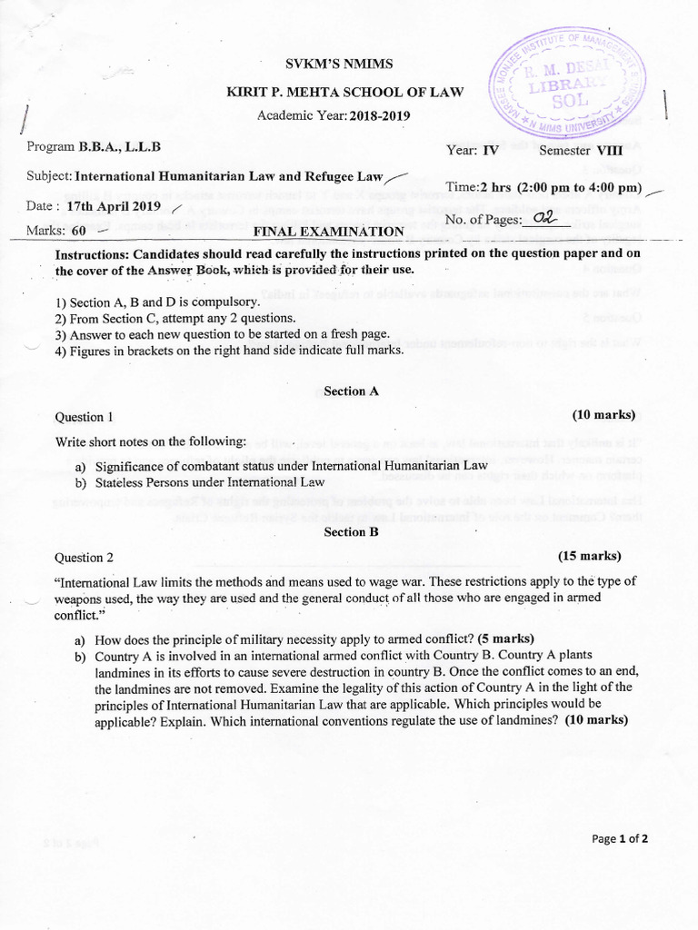Humanitarian and Refugee Law Exam Guide | PDF | International ...