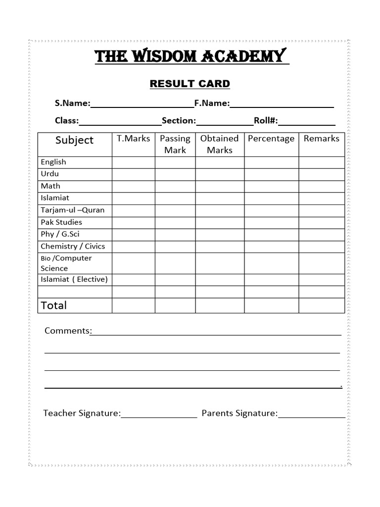 Wisdom Academy Result Card Template | PDF