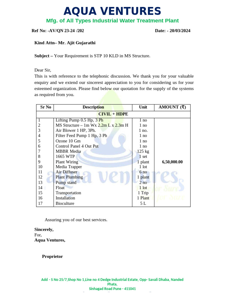 STP 10 KLD Quotation for Mr. Gujarathi | PDF