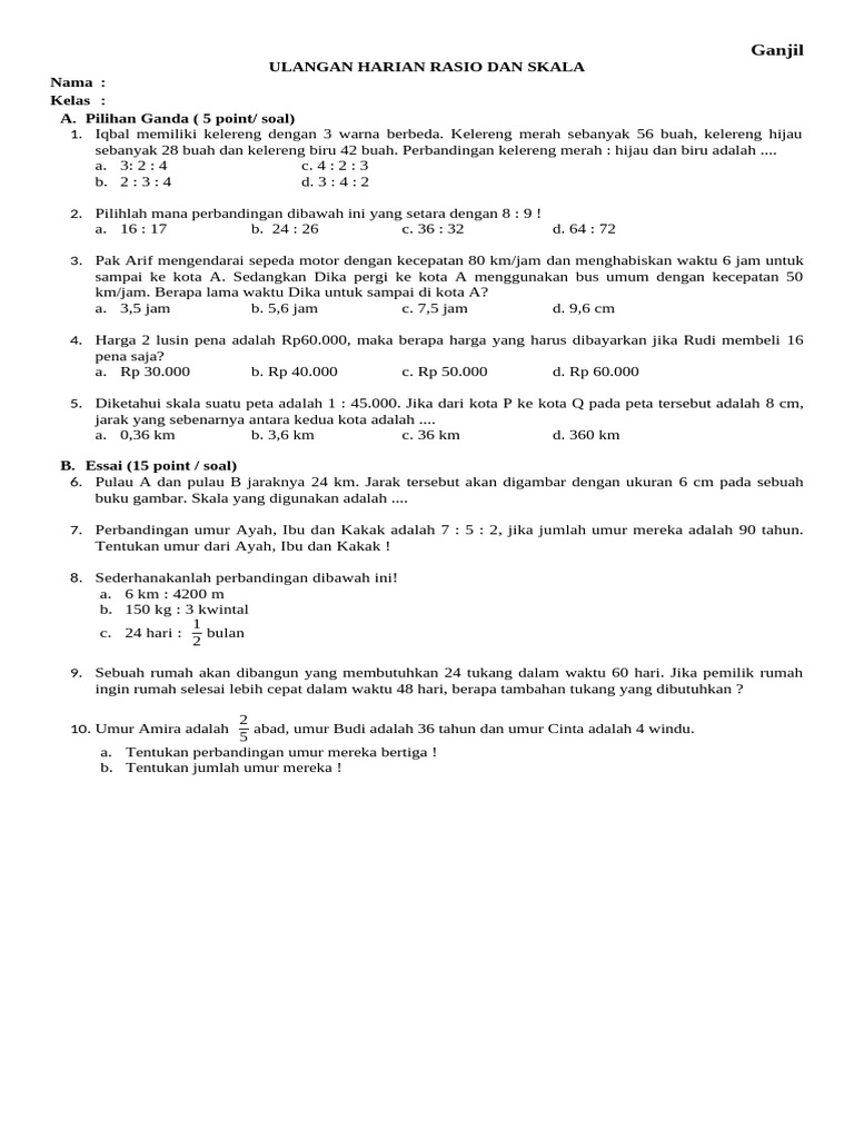 Soal Ulangan Rasio Kelas 7 | PDF | Griya & Taman