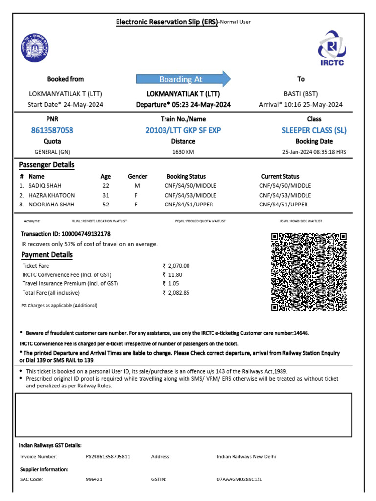 Irctc Ticket Sample | PDF | Identity Document