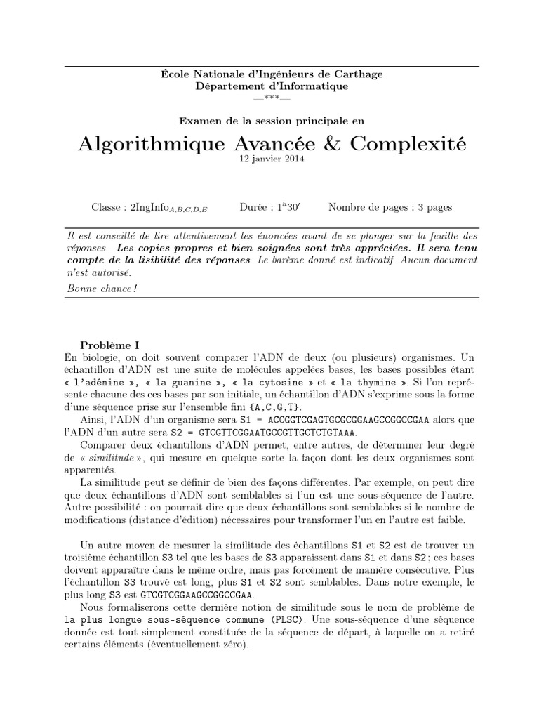 Examen PLSC : Algorithmique Avancée | PDF | ADN