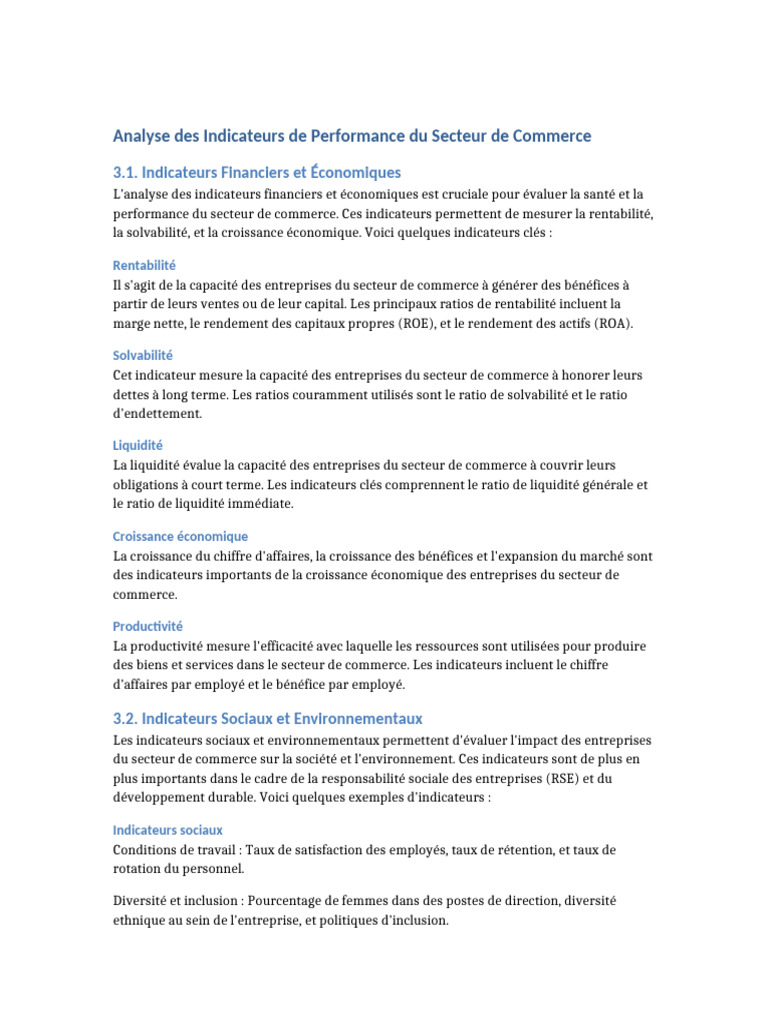 Analyse des Indicateurs de Performance Commerce | PDF | Ratio financier ...