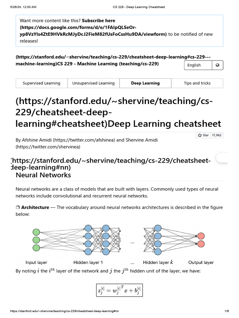 CS 229 Deep Learning Cheatsheet | PDF | Artificial Neural Network ...