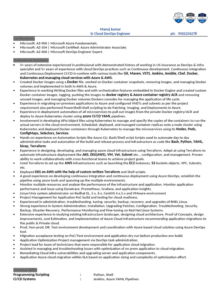 Azure Cloud Engineer Resume Overview | PDF | Cloud Computing ...