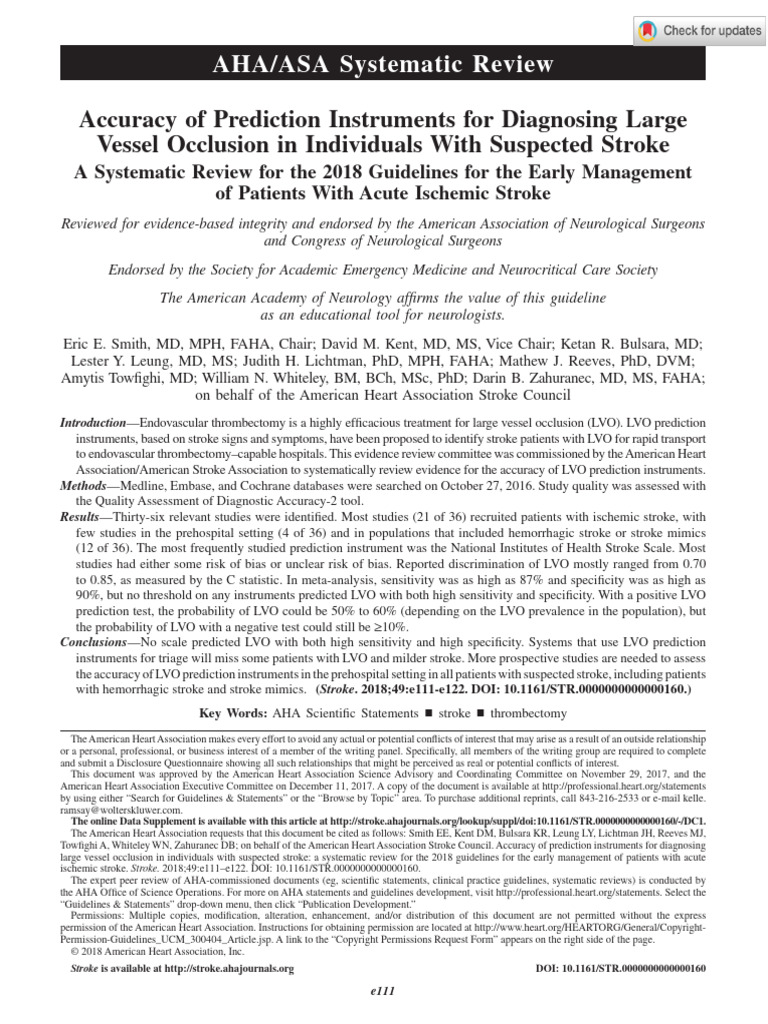 AHA/ASA Systematic Review | PDF | Stroke | Sensitivity And Specificity