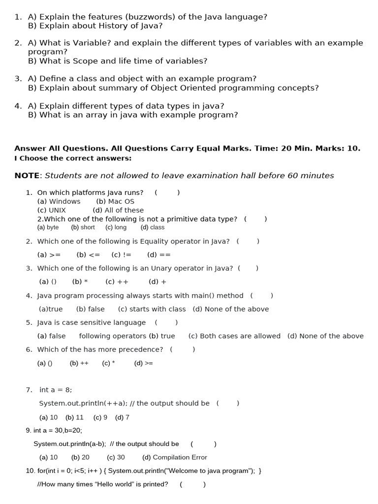 Java Language Features and Concepts Exam | PDF | Integer (Computer ...
