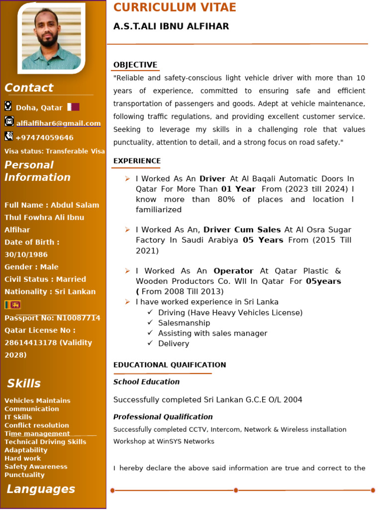 Light Vehicle Driver CV of A.S.T. Alfihar | PDF | Transport