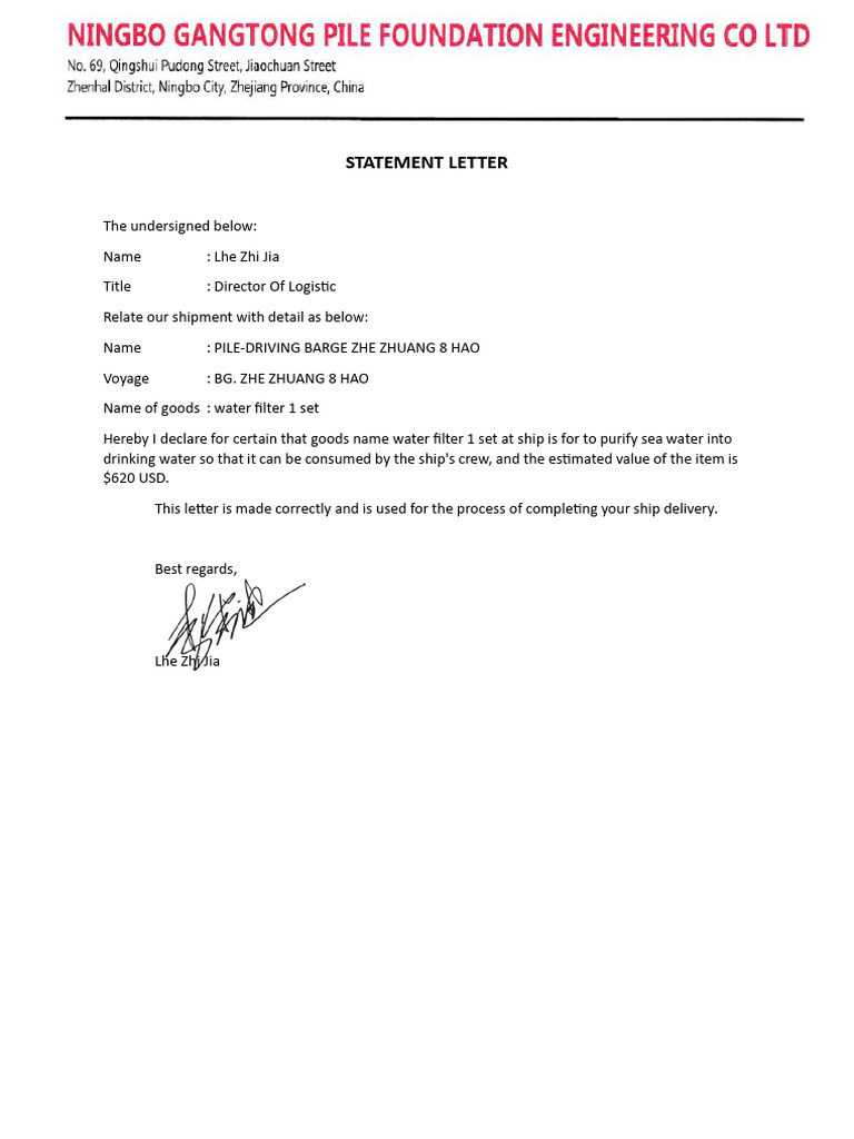 Shipment Declaration for Water Filter | PDF