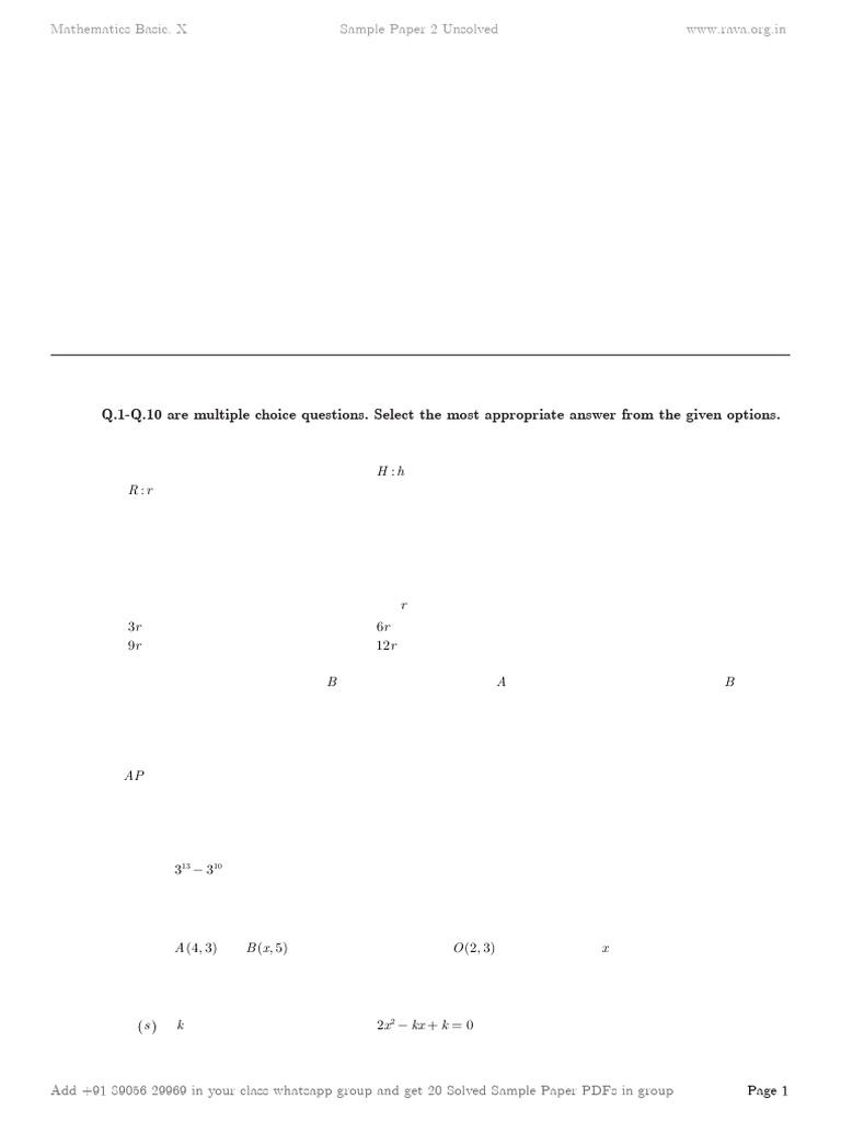 Sample Paper | PDF | Circle | Area