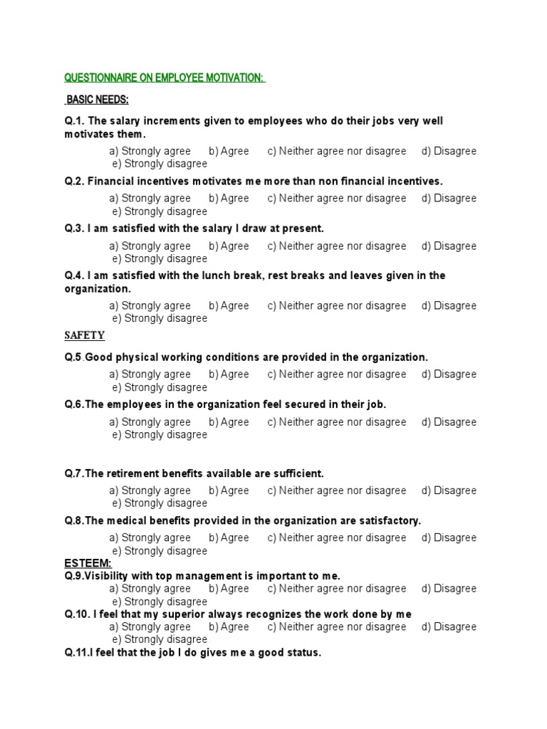 Questionnaire on Employee Motivation Motivation Self Questionnaire on Employee Motivation Motivation Self