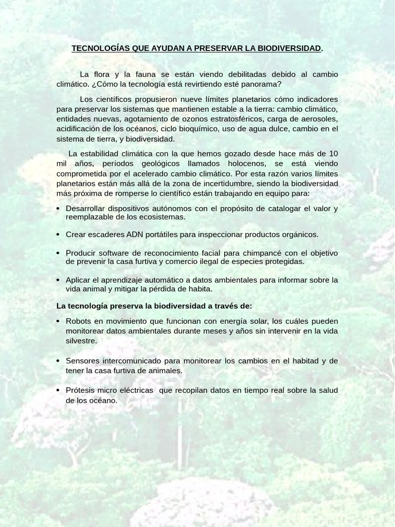 Tecnologías para Preservar Biodiversidad | PDF | Ciencia y matemáticas