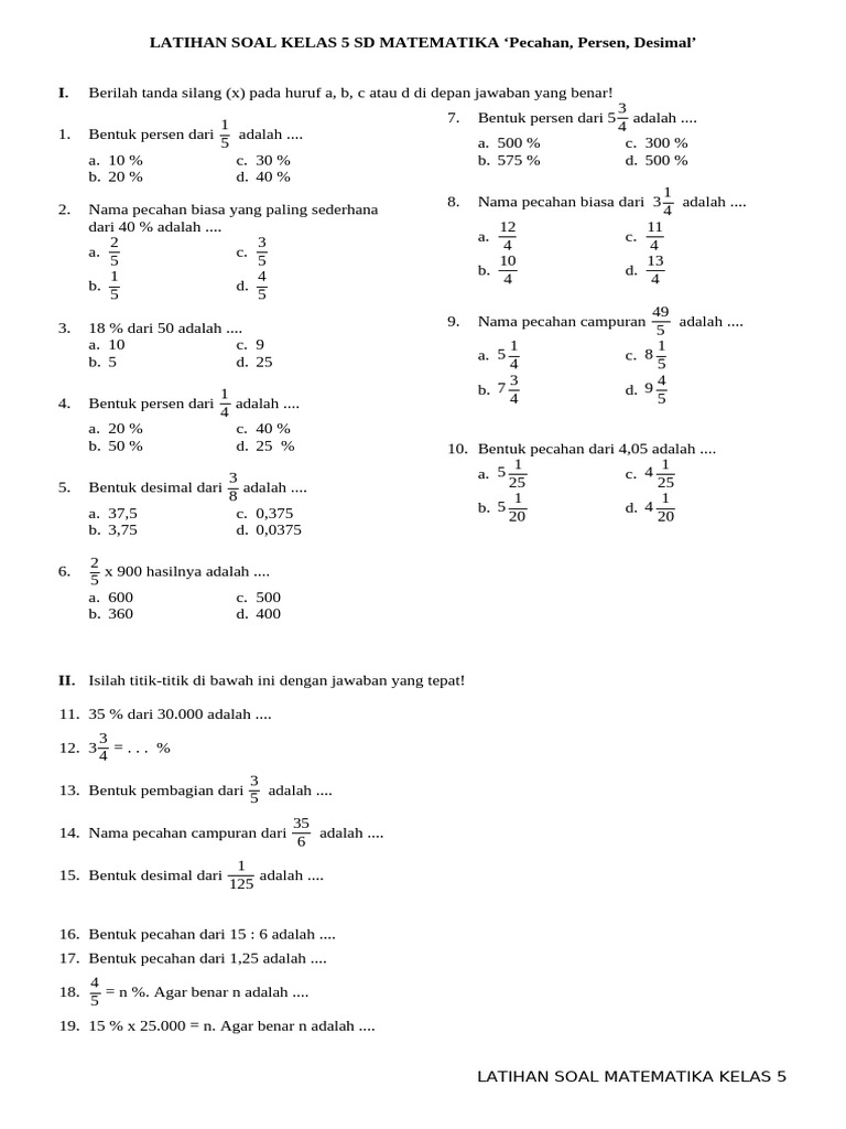 Latihan Soal Pecahan dan Persen Kelas 5 | PDF