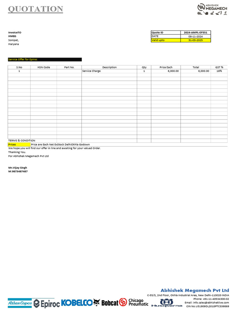 Epiroc Service Offer Quotation 2024 | PDF
