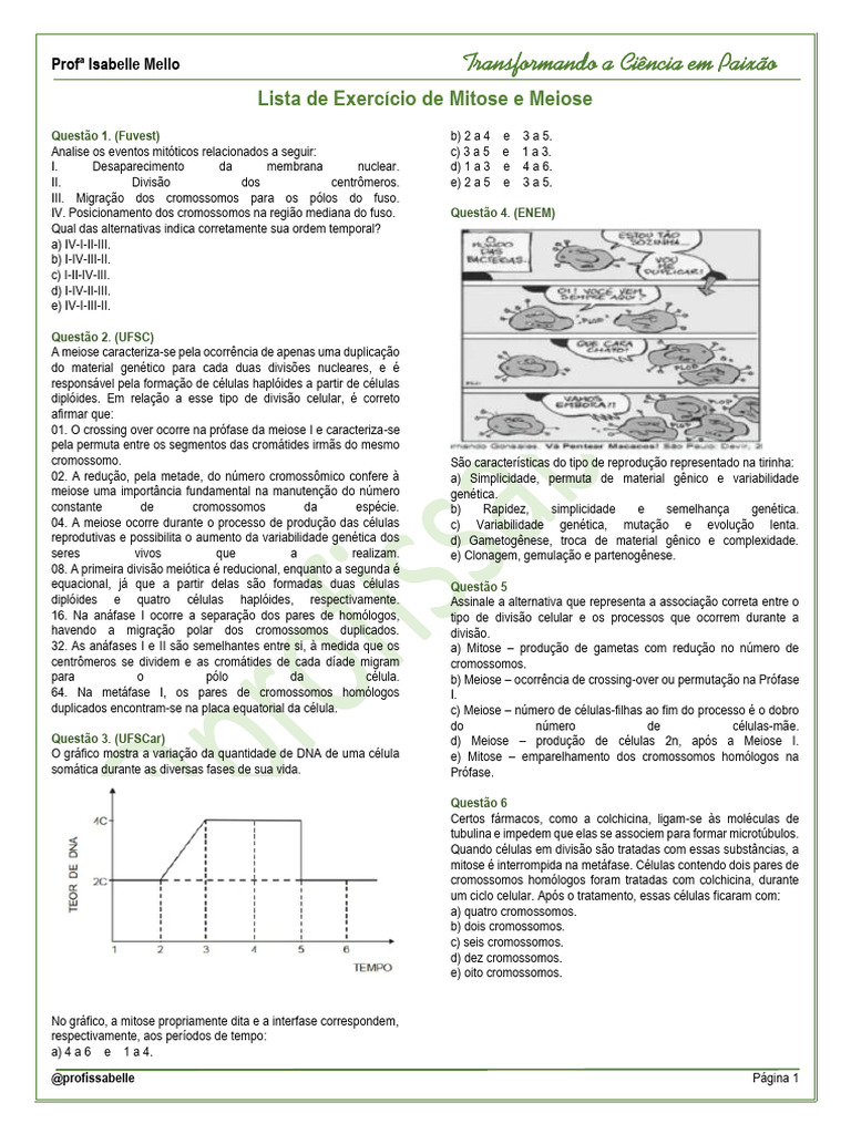 Exercícios sobre Mitose e Meiose | PDF | Meiose | Mitose