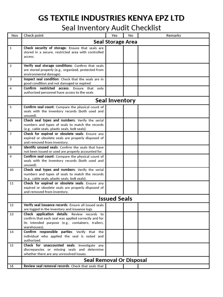 Seal Inventory Audit Checklist | PDF | Inventory