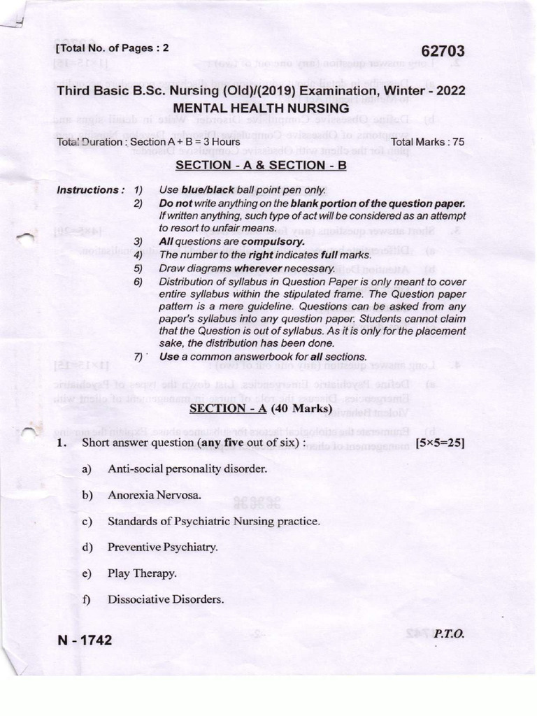 B.Sc. Nursing 3rd Year Mental Health Exam | PDF | Mental Disorder ...